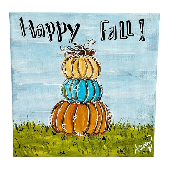 Happy Fall Hand Painted 6”x6” Canvas Pumpkins - Picture 1 of 4